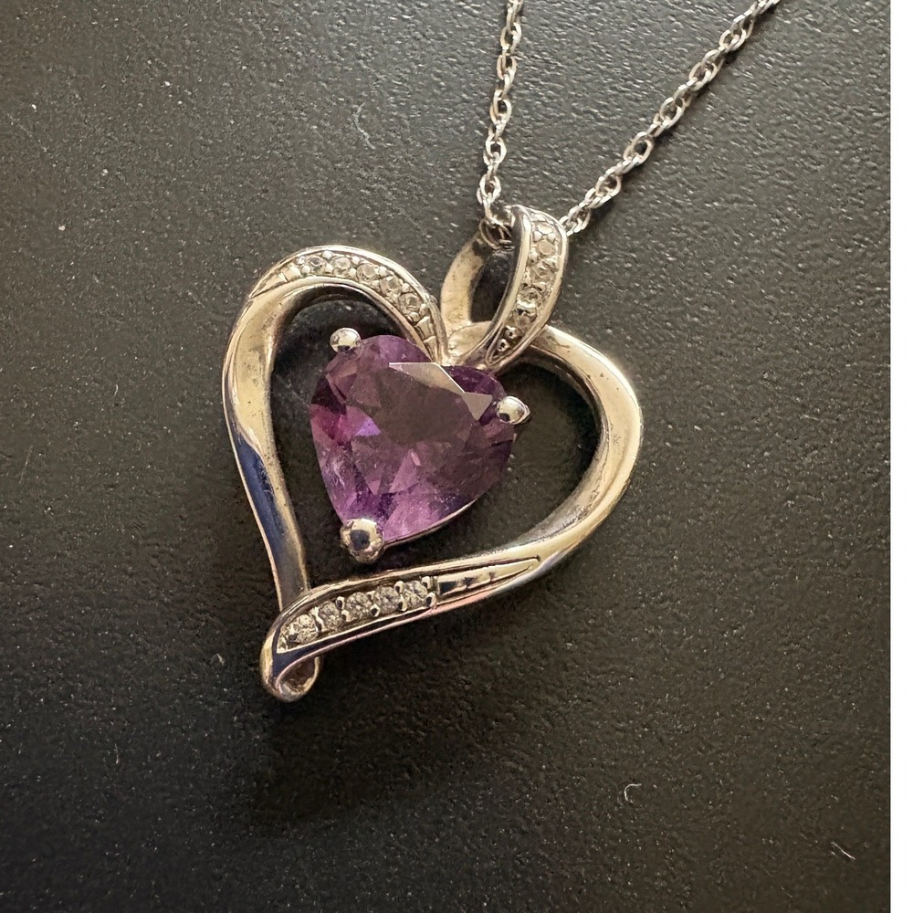 Heltzberg 925 Sterling Silver Heart Amethyst Diamond Accent Pendant Necklace